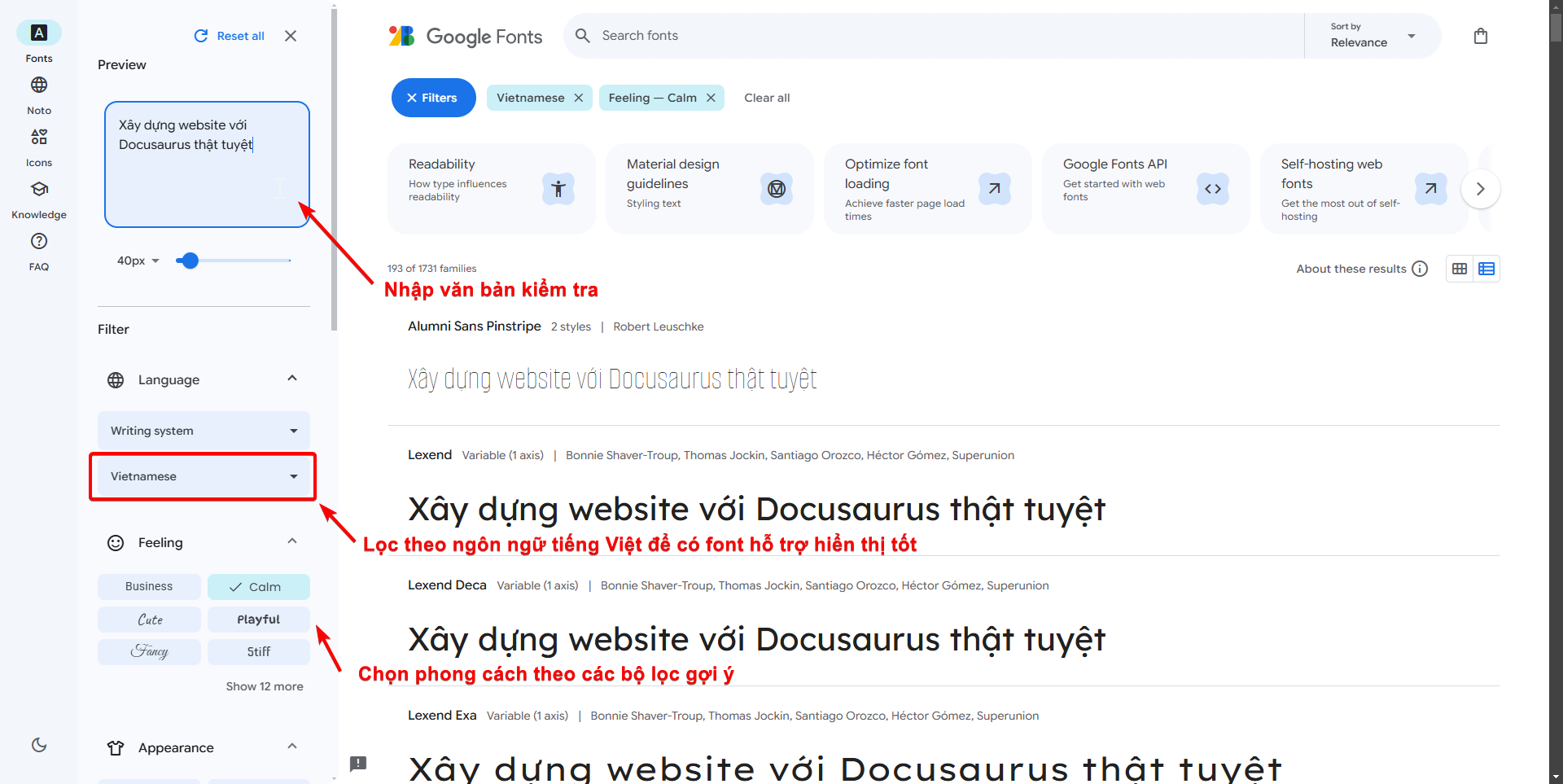 Giao diện Google Fonts